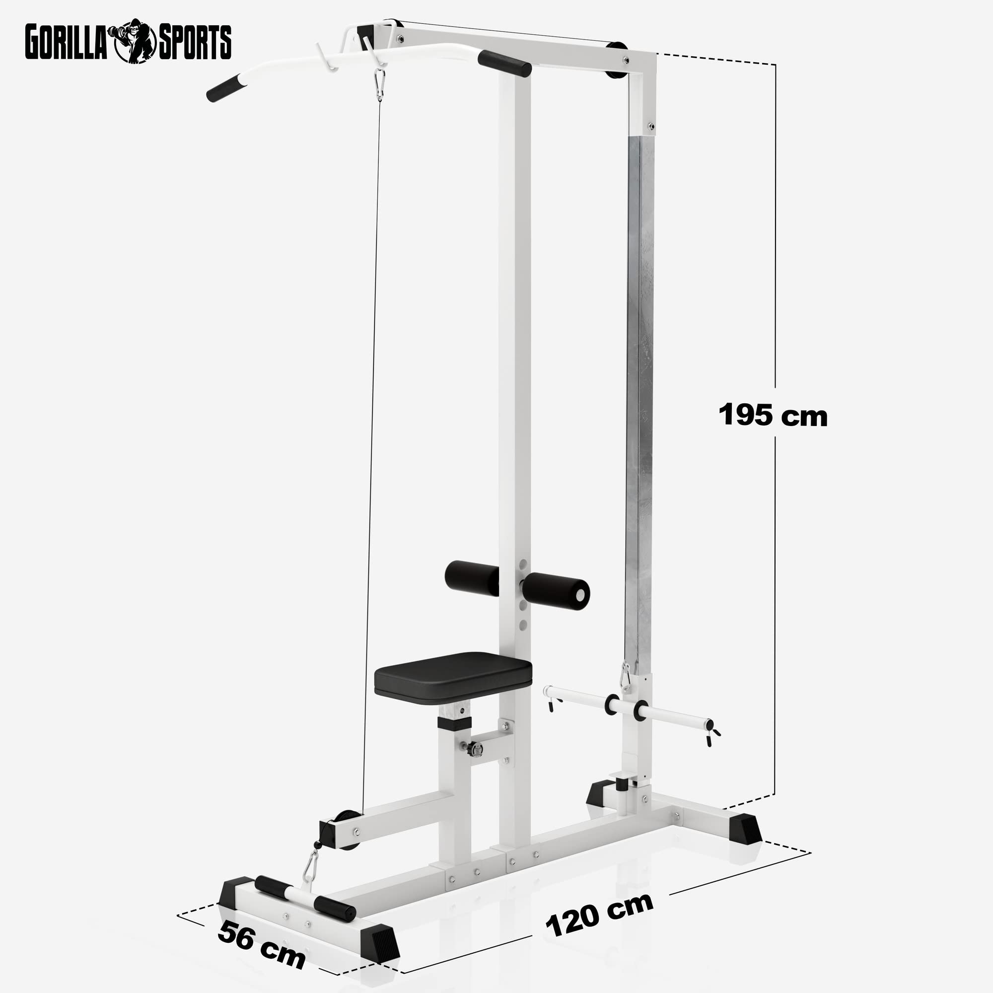 GORILLA SPORTS® Latzugstation - Verstellbar, inkl. Trizepsstange und Latzugstange, bis 280kg Belastbar, 30mm - Latzugturm, Kabelzugstation, Fitnessstation, Latzugmaschine, Latzug-Station