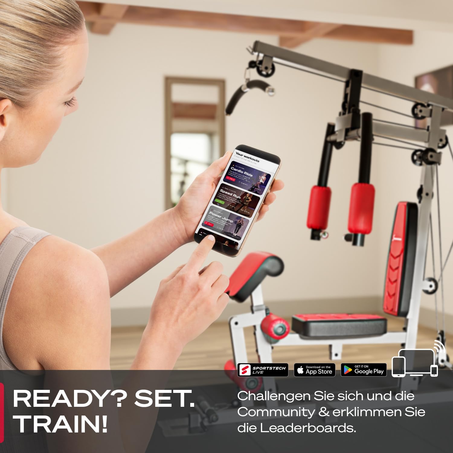 Kraftstation HGX150/HGX200, bis zu 80kg, Deutsche Qualitätsmarke, Bodybuilding Sportstech Multifunktions-Homegym mit Stepper und Powertower oder Beinpresse, Fitnessstation für Zuhause