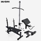 GORILLA SPORTS® Kraftstation - Hantelbank mit verstellbare Hantelablage, Latzugturm, Butterfly, Beincurler, Schwarz oder Weiss - Trainingsbank, Fitnessstation, Trainingsstation (Schwarz)