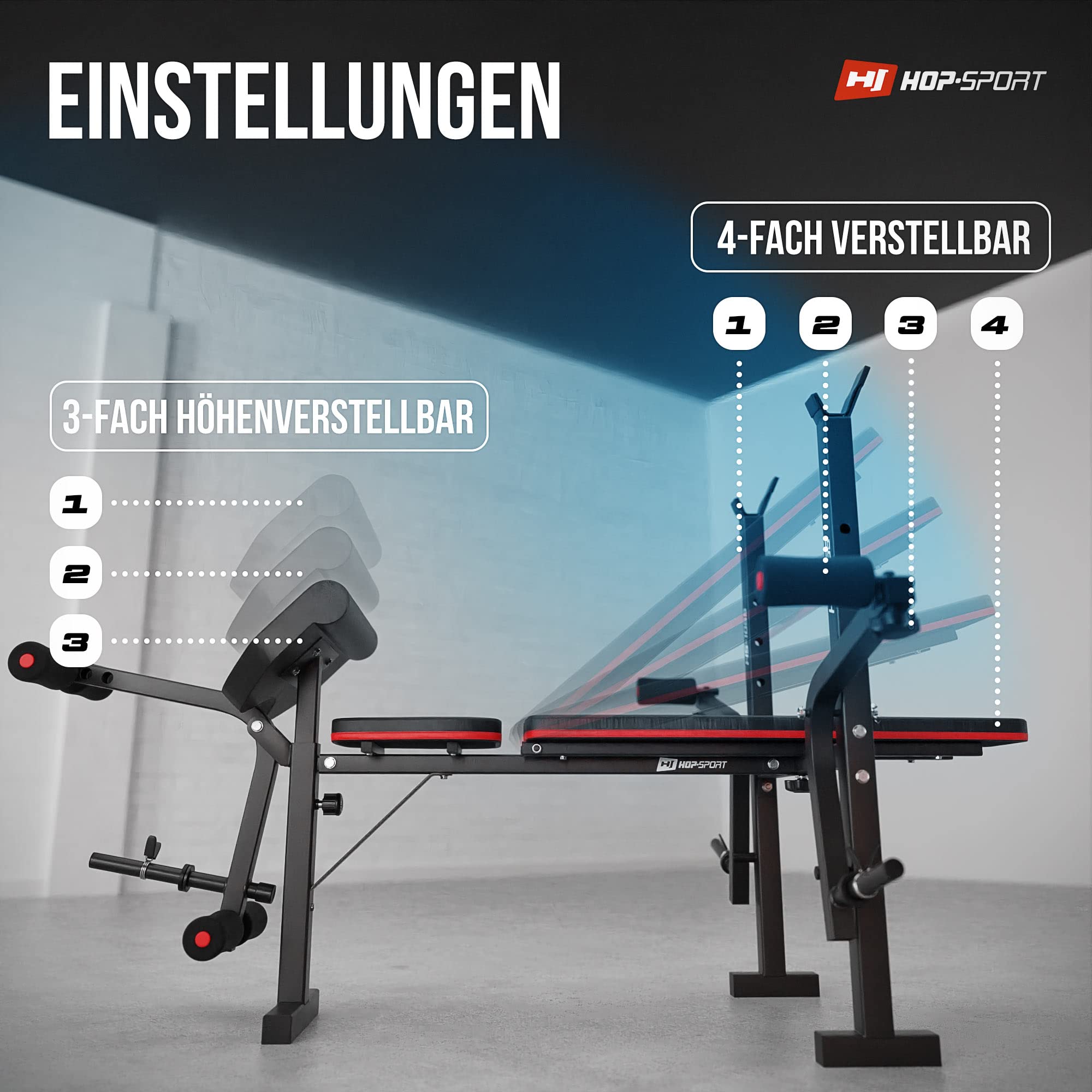 Hop-Sport Hantelbank klappbar, verstellbare Fitnessbank mit Beinstrecker, Butterfly, Curlpult & Langhantelablage, Krafttrainingsgerät für Zuhause, 240 kg Max. Belastbarkeit der Hantelbank