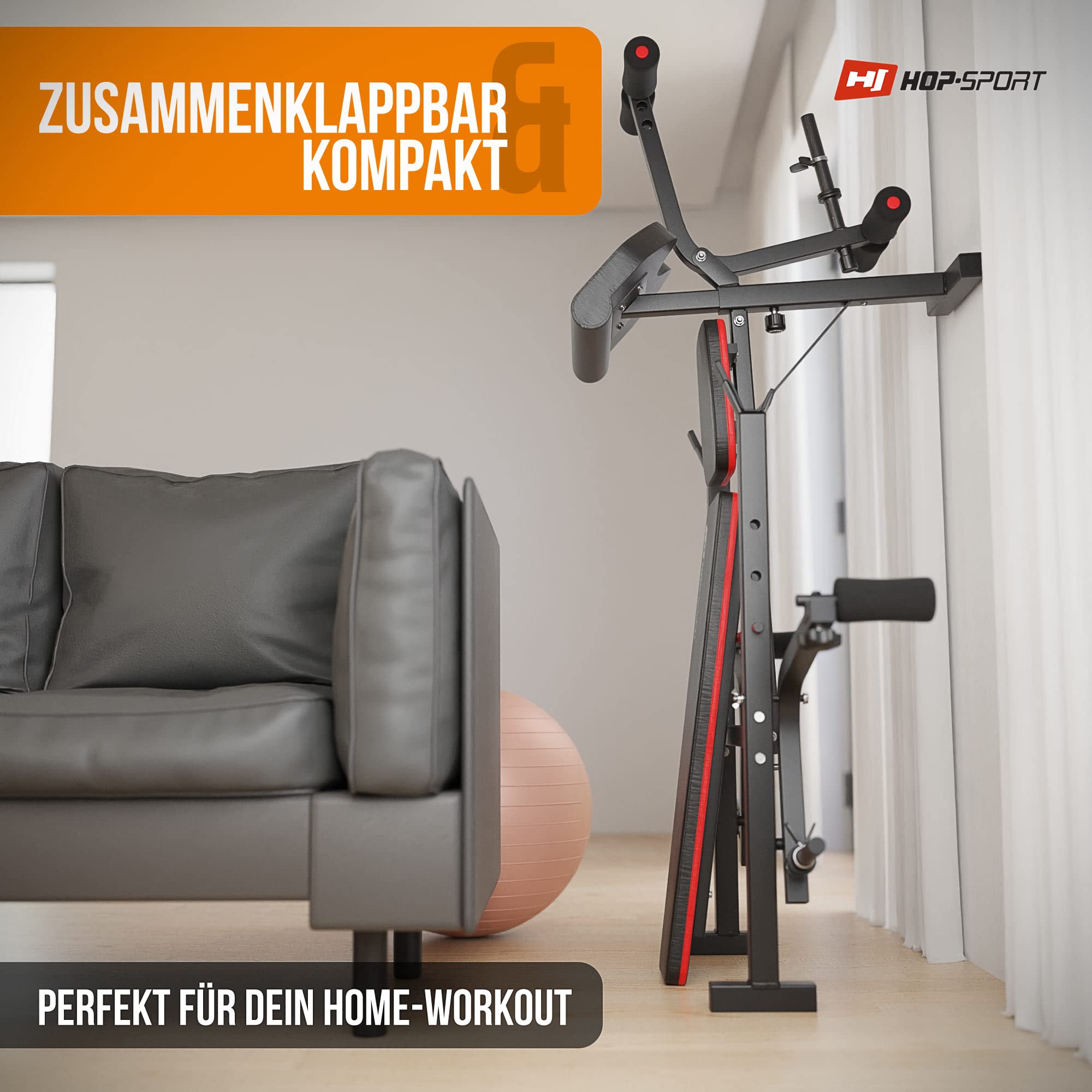 Hop-Sport Hantelbank klappbar, verstellbare Fitnessbank mit Beinstrecker, Butterfly, Curlpult & Langhantelablage, Krafttrainingsgerät für Zuhause, 240 kg Max. Belastbarkeit der Hantelbank