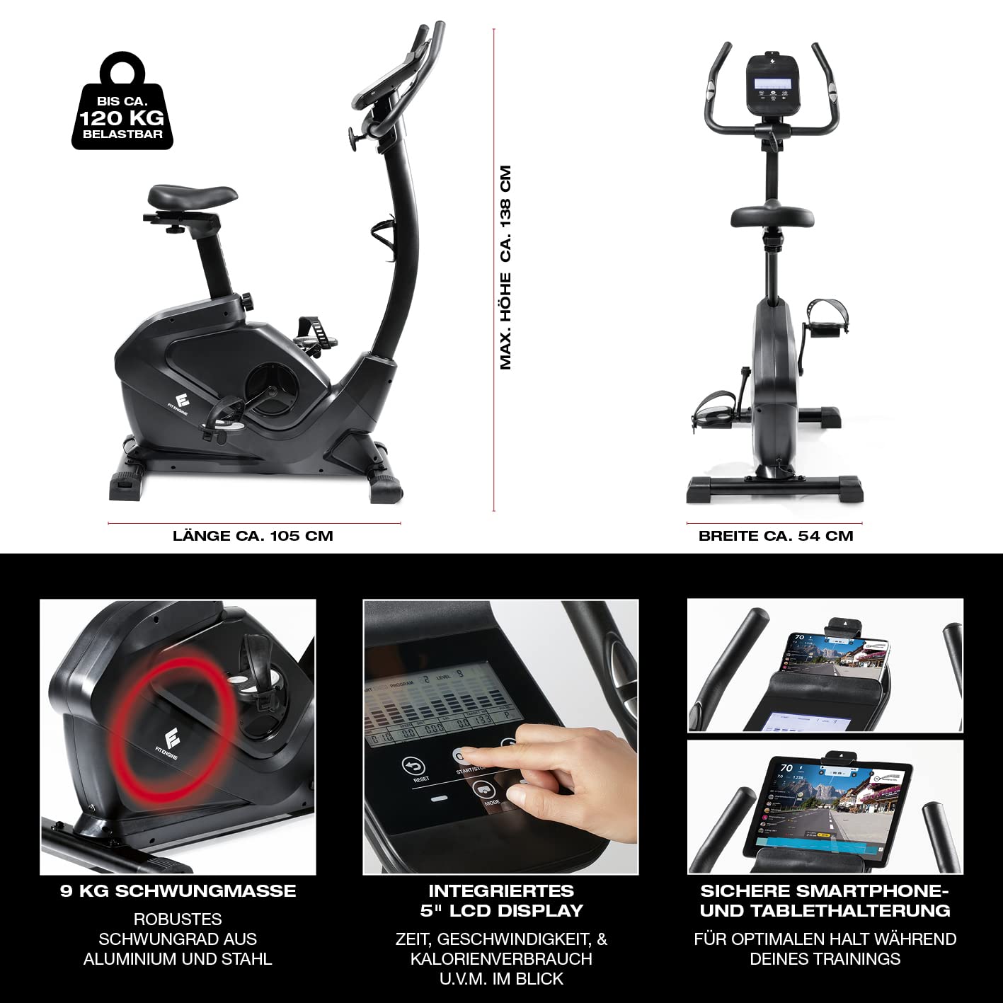 FitEngine Heimtrainer & Ergometer mit professionellem Aluminium-Schwungrad | 24 Widerstandsstufen, 28 Trainingsprogramme, verstellbarer Sportsattel, App-kompatibel | Bis 120kg, 195cm Größe