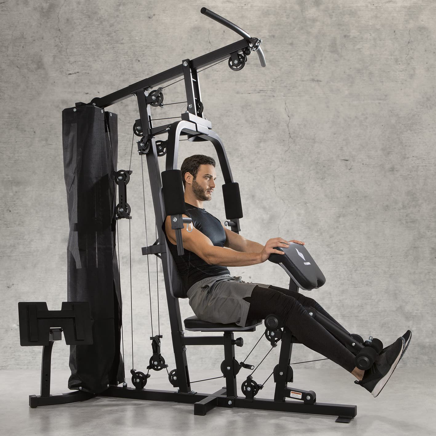 FitEngine Kraftstation | Multifunktions-Homegym für den ganzen Körper | Gewichte bis zu 67 kg einstellbar, mit Latzugstange, Beinpresse, Bizepscurl-Polster u.v.m. | Hochwertiges Stahlmaterial