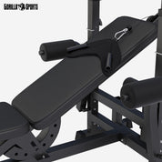 GORILLA SPORTS® Kraftstation - Hantelbank mit verstellbare Hantelablage, Latzugturm, Butterfly, Beincurler, Schwarz oder Weiss - Trainingsbank, Fitnessstation, Trainingsstation (Schwarz)