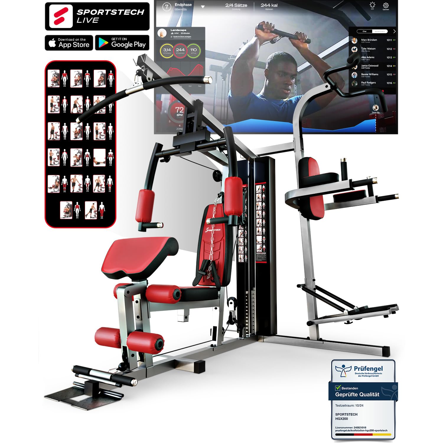 Kraftstation HGX150/HGX200, bis zu 80kg, Deutsche Qualitätsmarke, Bodybuilding Sportstech Multifunktions-Homegym mit Stepper und Powertower oder Beinpresse, Fitnessstation für Zuhause