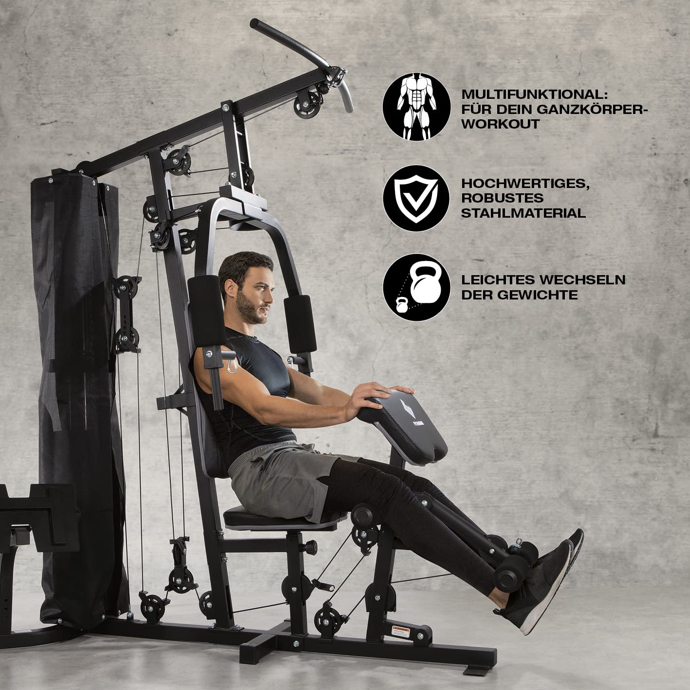 FitEngine Kraftstation | Multifunktions-Homegym für den ganzen Körper | Gewichte bis zu 67 kg einstellbar, mit Latzugstange, Beinpresse, Bizepscurl-Polster u.v.m. | Hochwertiges Stahlmaterial