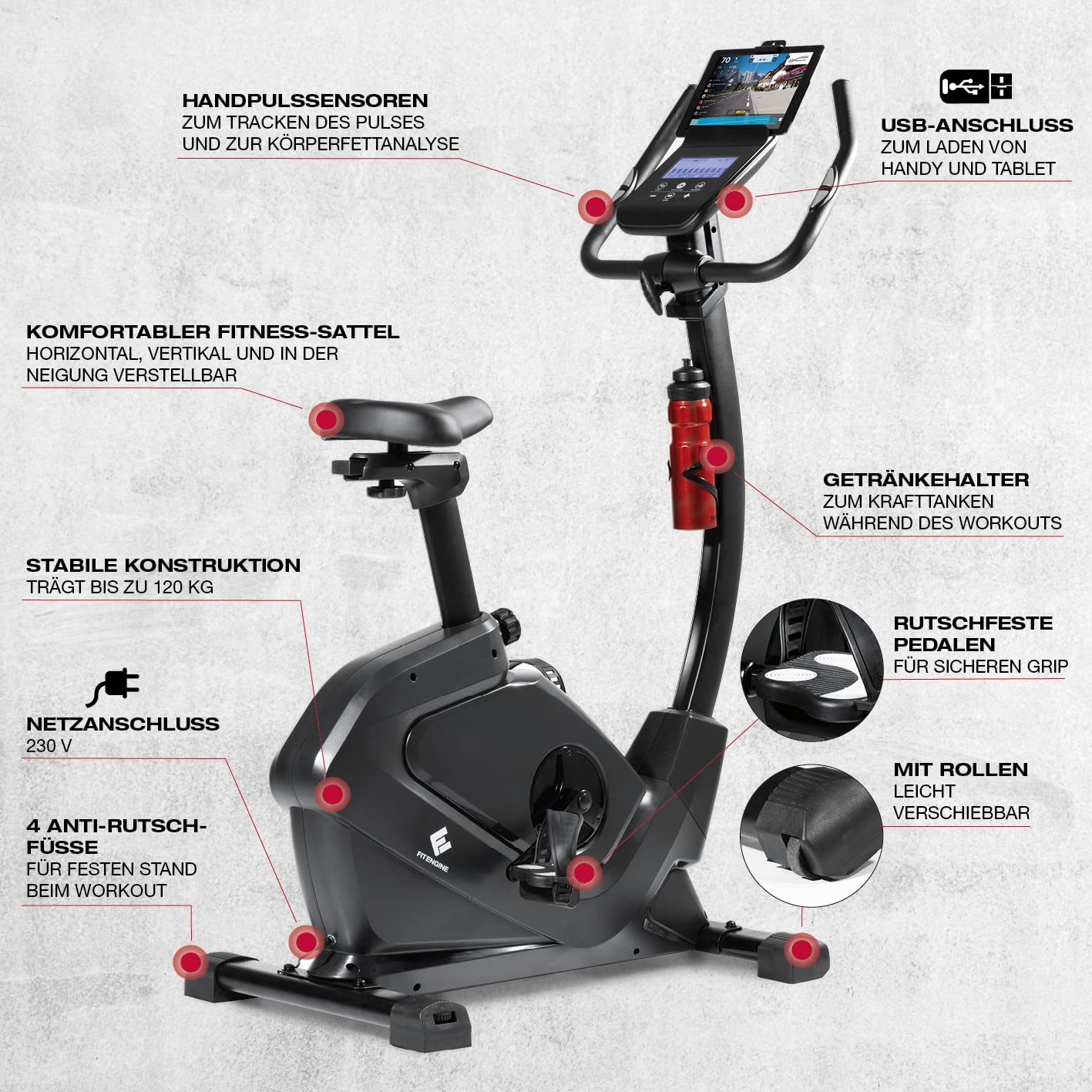 FitEngine Heimtrainer & Ergometer mit professionellem Aluminium-Schwungrad | 24 Widerstandsstufen, 28 Trainingsprogramme, verstellbarer Sportsattel, App-kompatibel | Bis 120kg, 195cm Größe