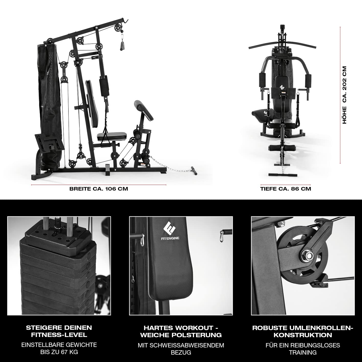 FitEngine Kraftstation | Multifunktions-Homegym für den ganzen Körper | Gewichte bis zu 67 kg einstellbar, mit Latzugstange, Beinpresse, Bizepscurl-Polster u.v.m. | Hochwertiges Stahlmaterial