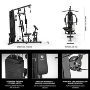 FitEngine Kraftstation | Multifunktions-Homegym für den ganzen Körper | Gewichte bis zu 67 kg einstellbar, mit Latzugstange, Beinpresse, Bizepscurl-Polster u.v.m. | Hochwertiges Stahlmaterial