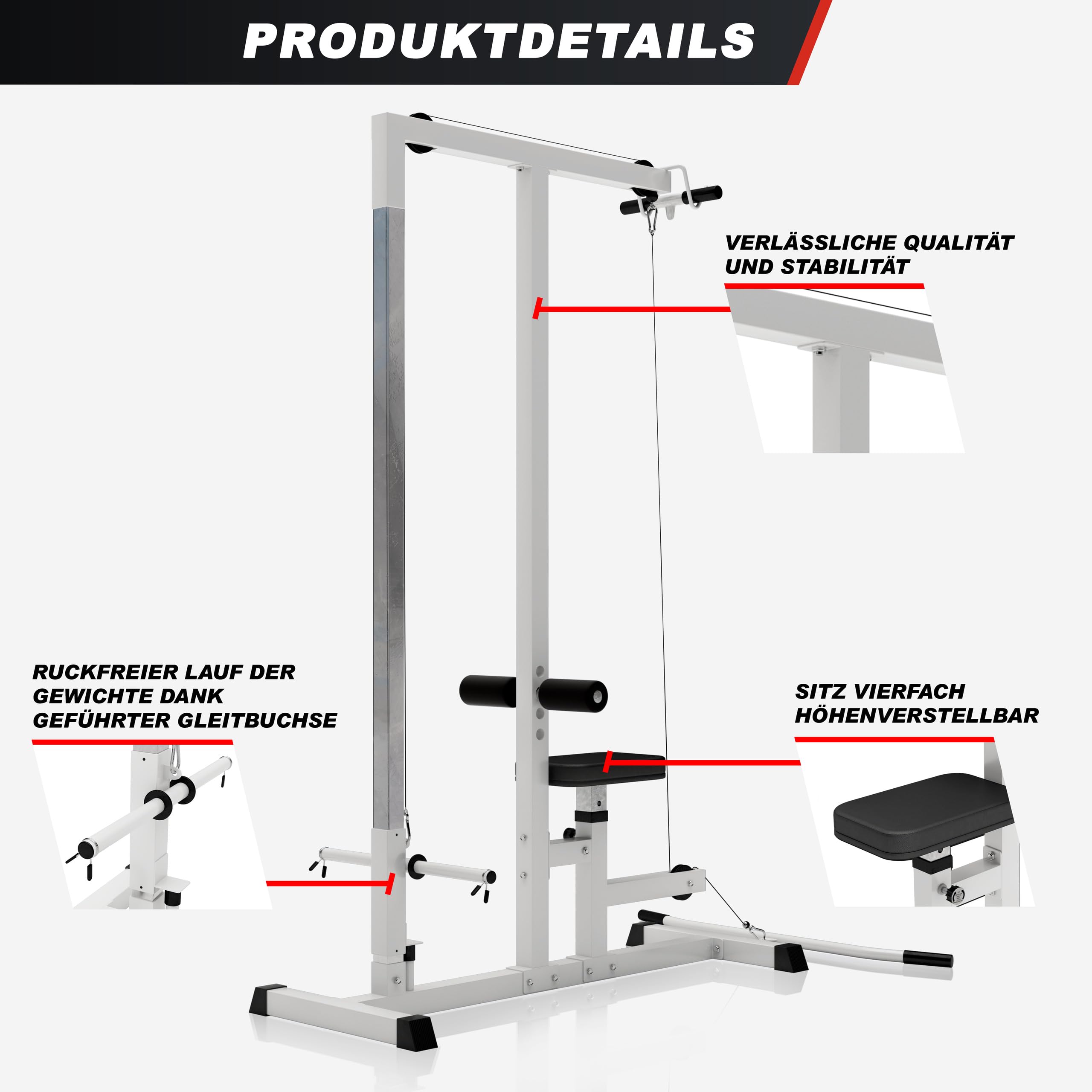 GORILLA SPORTS® Latzugstation - Verstellbar, inkl. Trizepsstange und Latzugstange, bis 280kg Belastbar, 30mm - Latzugturm, Kabelzugstation, Fitnessstation, Latzugmaschine, Latzug-Station