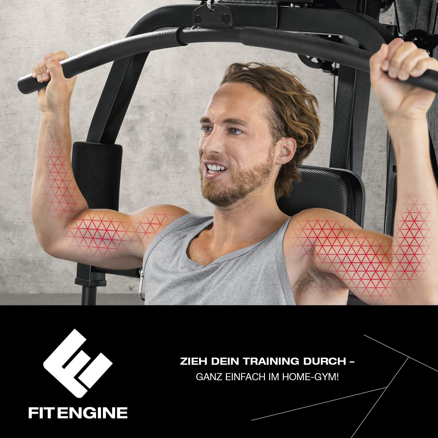 FitEngine Kraftstation | Multifunktions-Homegym für den ganzen Körper | Gewichte bis zu 67 kg einstellbar, mit Latzugstange, Beinpresse, Bizepscurl-Polster u.v.m. | Hochwertiges Stahlmaterial