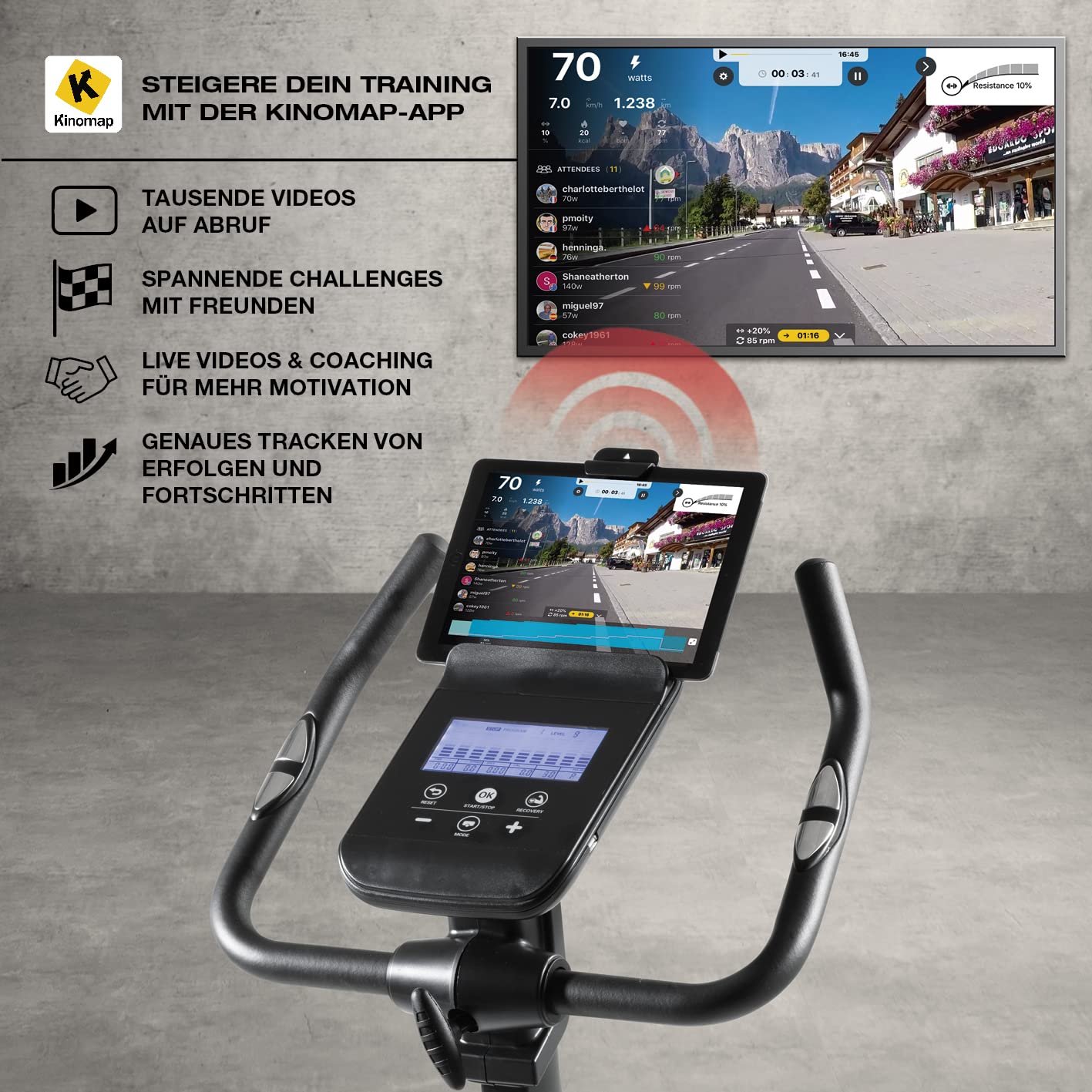 FitEngine Heimtrainer & Ergometer mit professionellem Aluminium-Schwungrad | 24 Widerstandsstufen, 28 Trainingsprogramme, verstellbarer Sportsattel, App-kompatibel | Bis 120kg, 195cm Größe