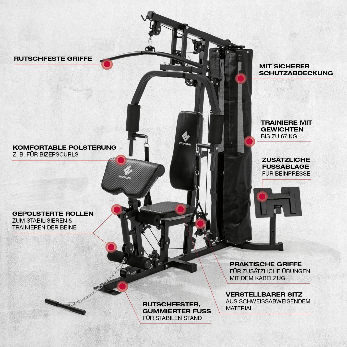 FitEngine Kraftstation | Multifunktions-Homegym für den ganzen Körper | Gewichte bis zu 67 kg einstellbar, mit Latzugstange, Beinpresse, Bizepscurl-Polster u.v.m. | Hochwertiges Stahlmaterial