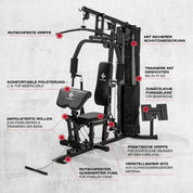 FitEngine Kraftstation | Multifunktions-Homegym für den ganzen Körper | Gewichte bis zu 67 kg einstellbar, mit Latzugstange, Beinpresse, Bizepscurl-Polster u.v.m. | Hochwertiges Stahlmaterial