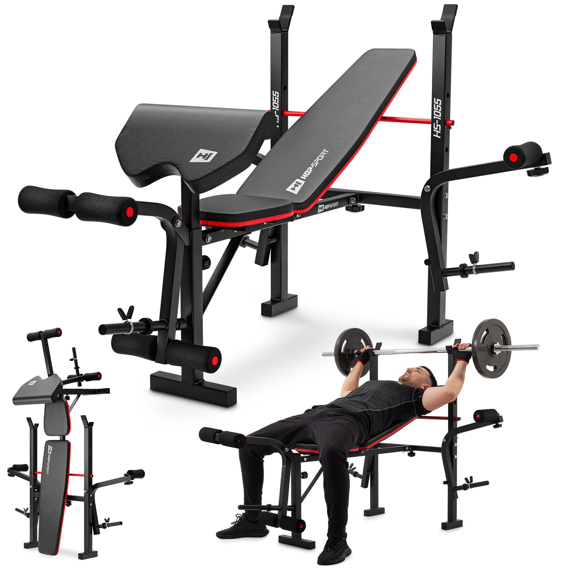 Hop-Sport Hantelbank klappbar, verstellbare Fitnessbank mit Beinstrecker, Butterfly, Curlpult & Langhantelablage, Krafttrainingsgerät für Zuhause, 240 kg Max. Belastbarkeit der Hantelbank