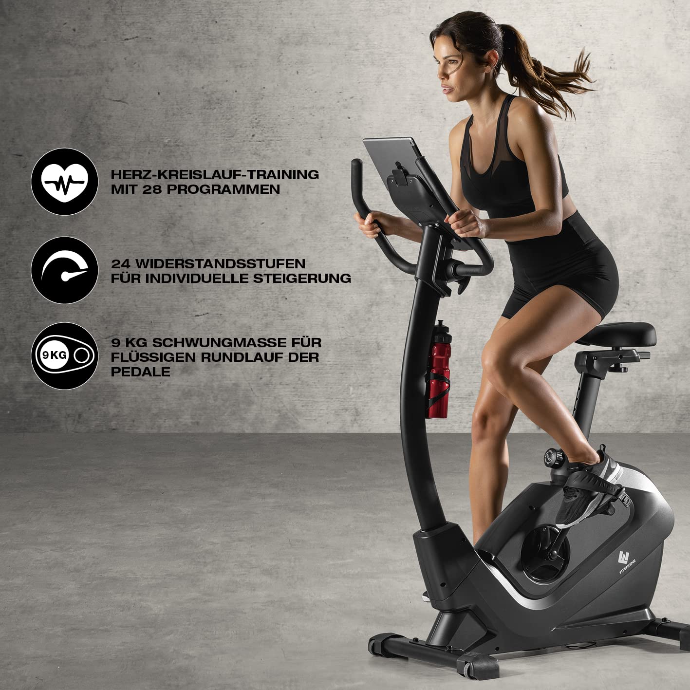 FitEngine Heimtrainer & Ergometer mit professionellem Aluminium-Schwungrad | 24 Widerstandsstufen, 28 Trainingsprogramme, verstellbarer Sportsattel, App-kompatibel | Bis 120kg, 195cm Größe