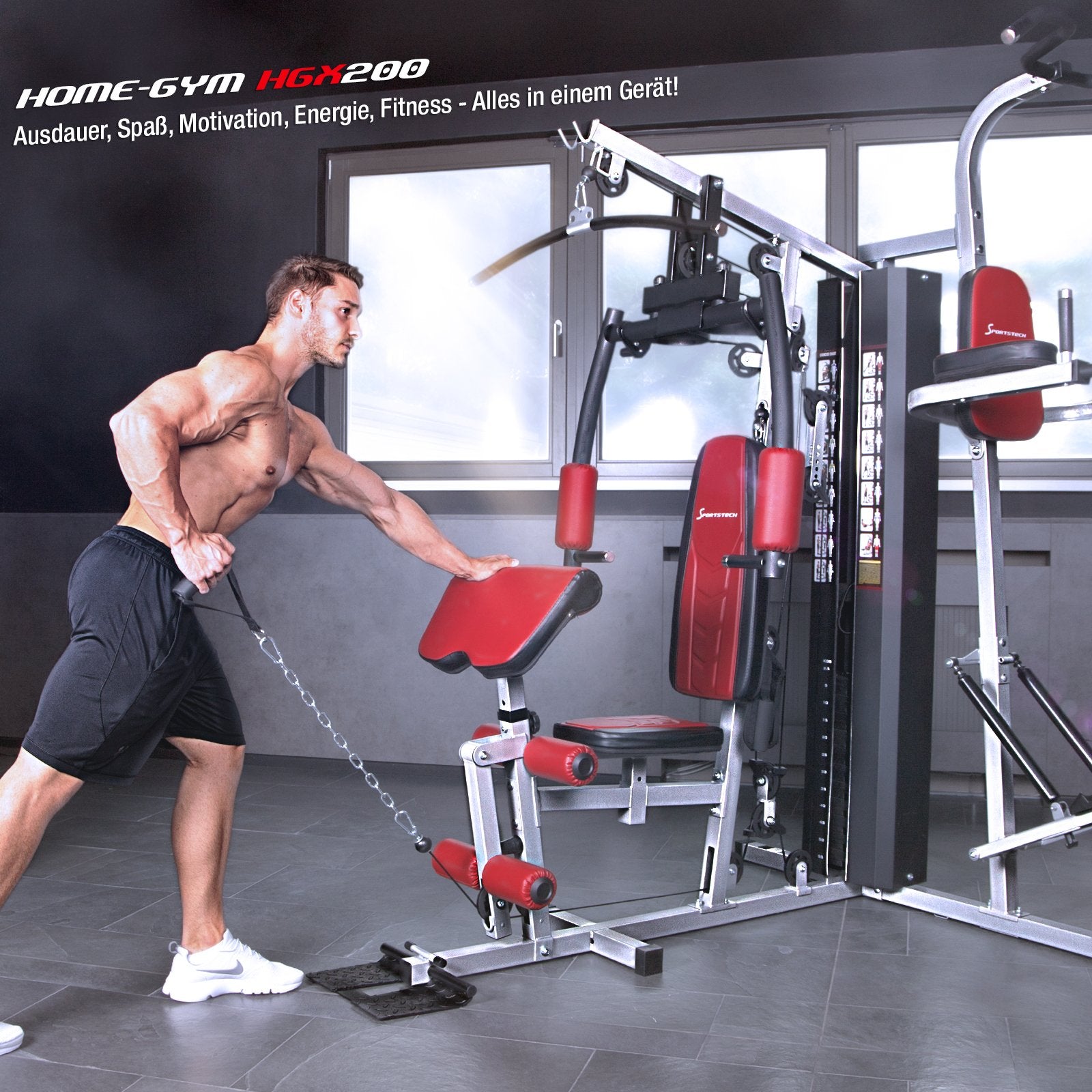 Kraftstation HGX150/HGX200, bis zu 80kg, Deutsche Qualitätsmarke, Bodybuilding Sportstech Multifunktions-Homegym mit Stepper und Powertower oder Beinpresse, Fitnessstation für Zuhause