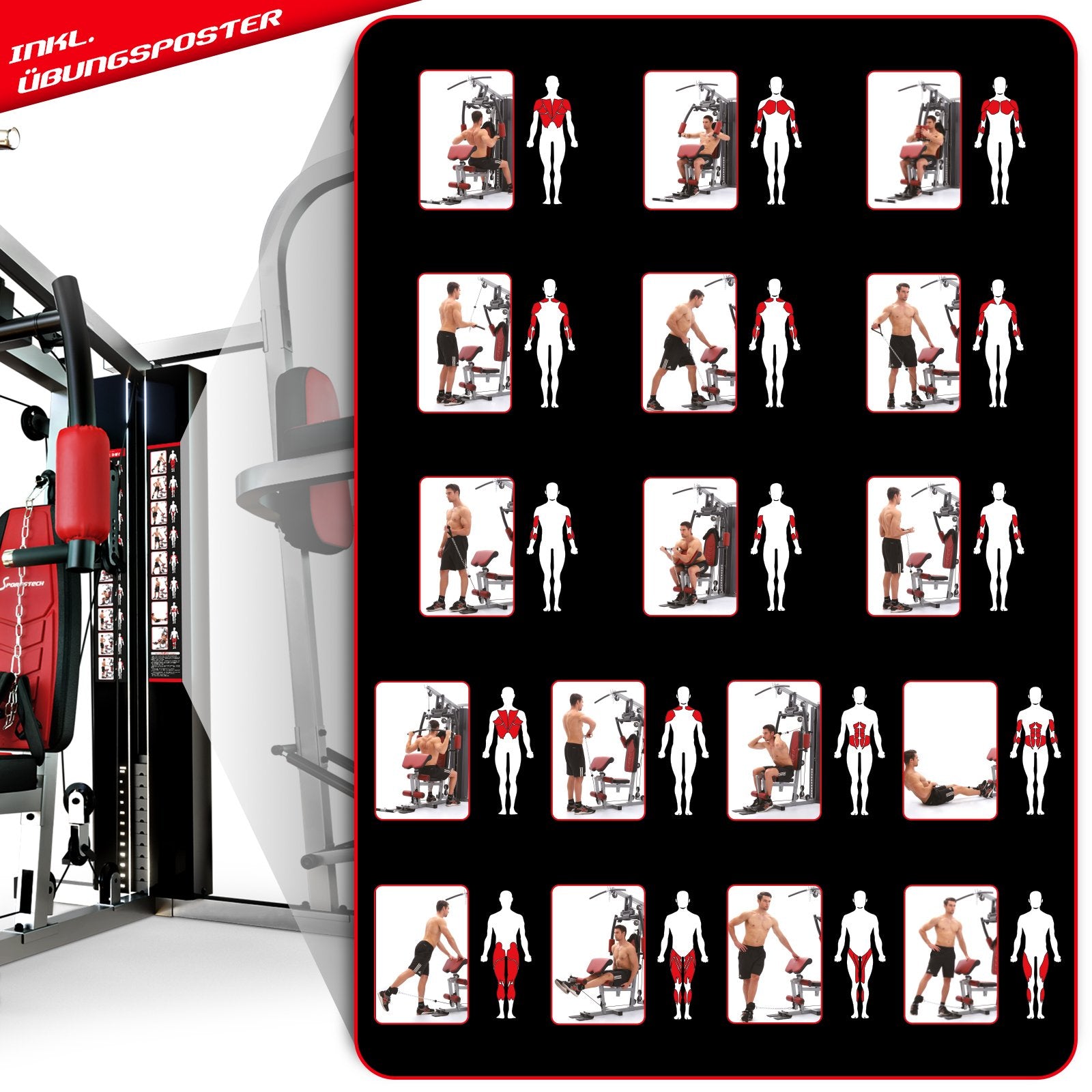 Kraftstation HGX150/HGX200, bis zu 80kg, Deutsche Qualitätsmarke, Bodybuilding Sportstech Multifunktions-Homegym mit Stepper und Powertower oder Beinpresse, Fitnessstation für Zuhause