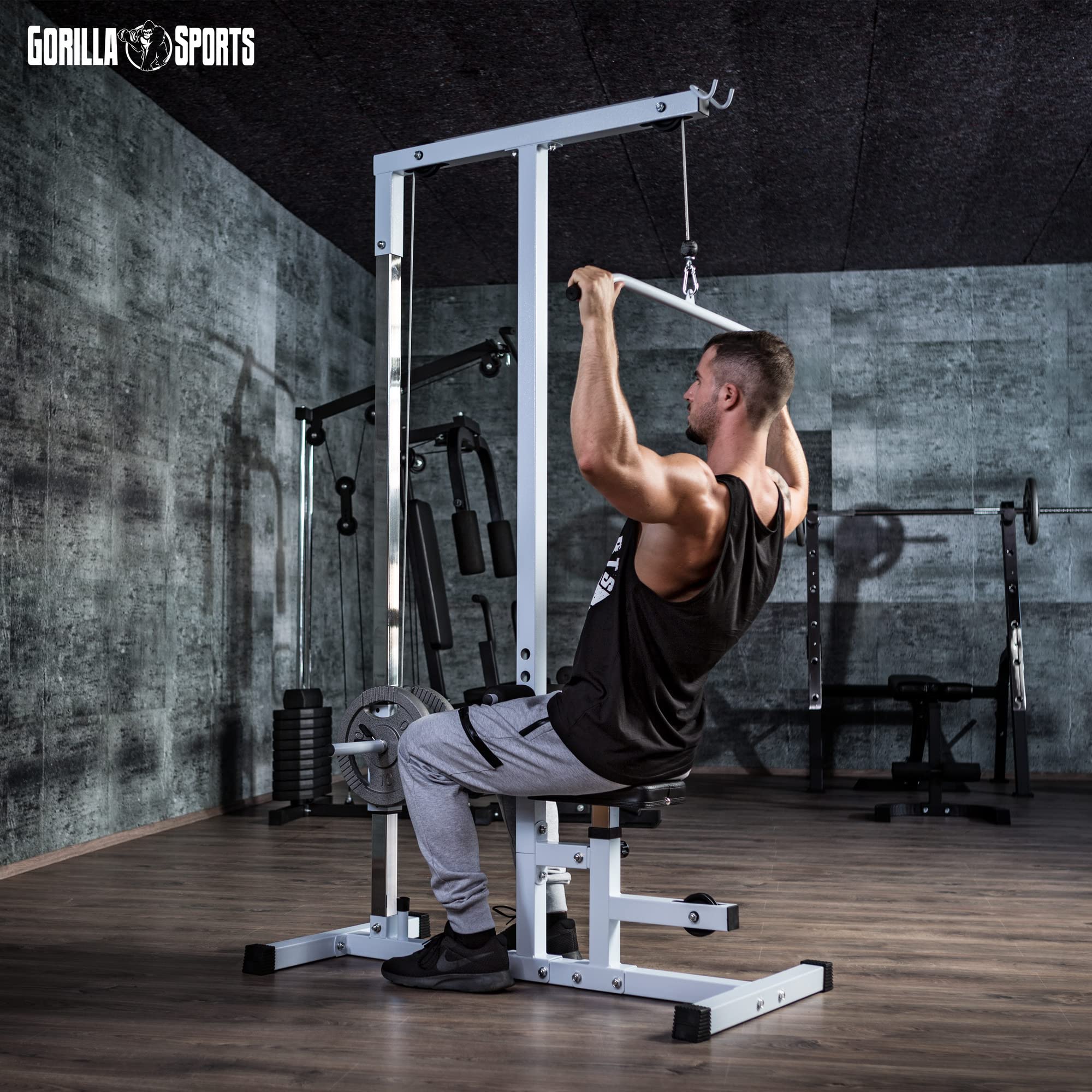 GORILLA SPORTS® Latzugstation - Verstellbar, inkl. Trizepsstange und Latzugstange, bis 280kg Belastbar, 30mm - Latzugturm, Kabelzugstation, Fitnessstation, Latzugmaschine, Latzug-Station