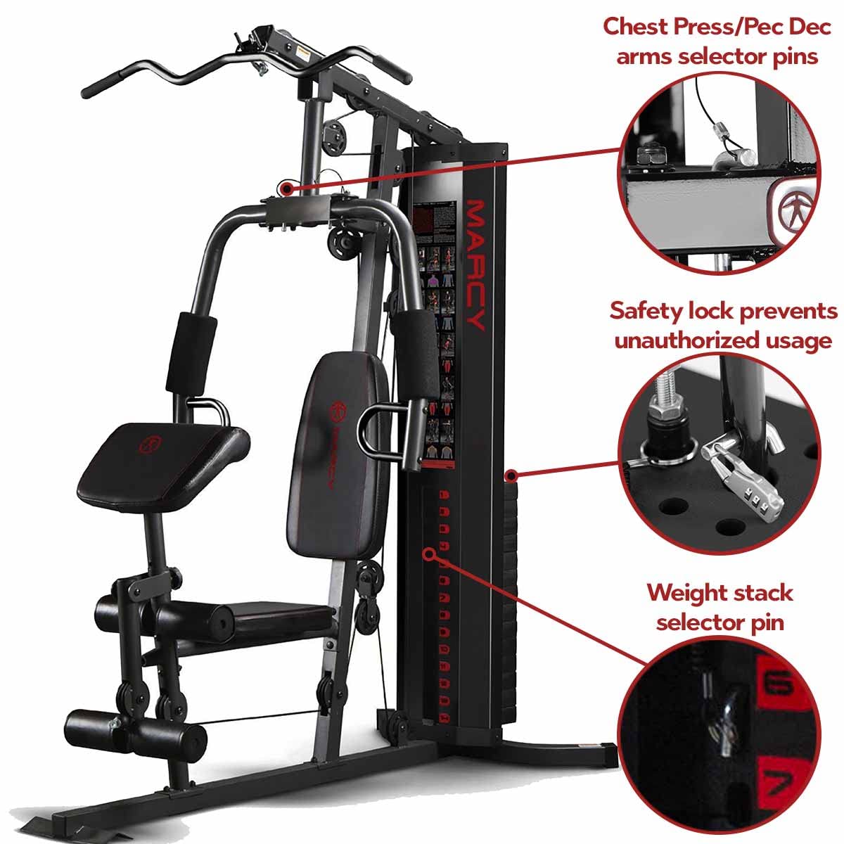 Marcy Eclipse HG3000 Kompakte Kraftstation, Multifunktionale Fitnessstation, Multistation mit Butterfly, Bizepscurl, Latzug, Beinstrecker, 68kg Gewichtsblock