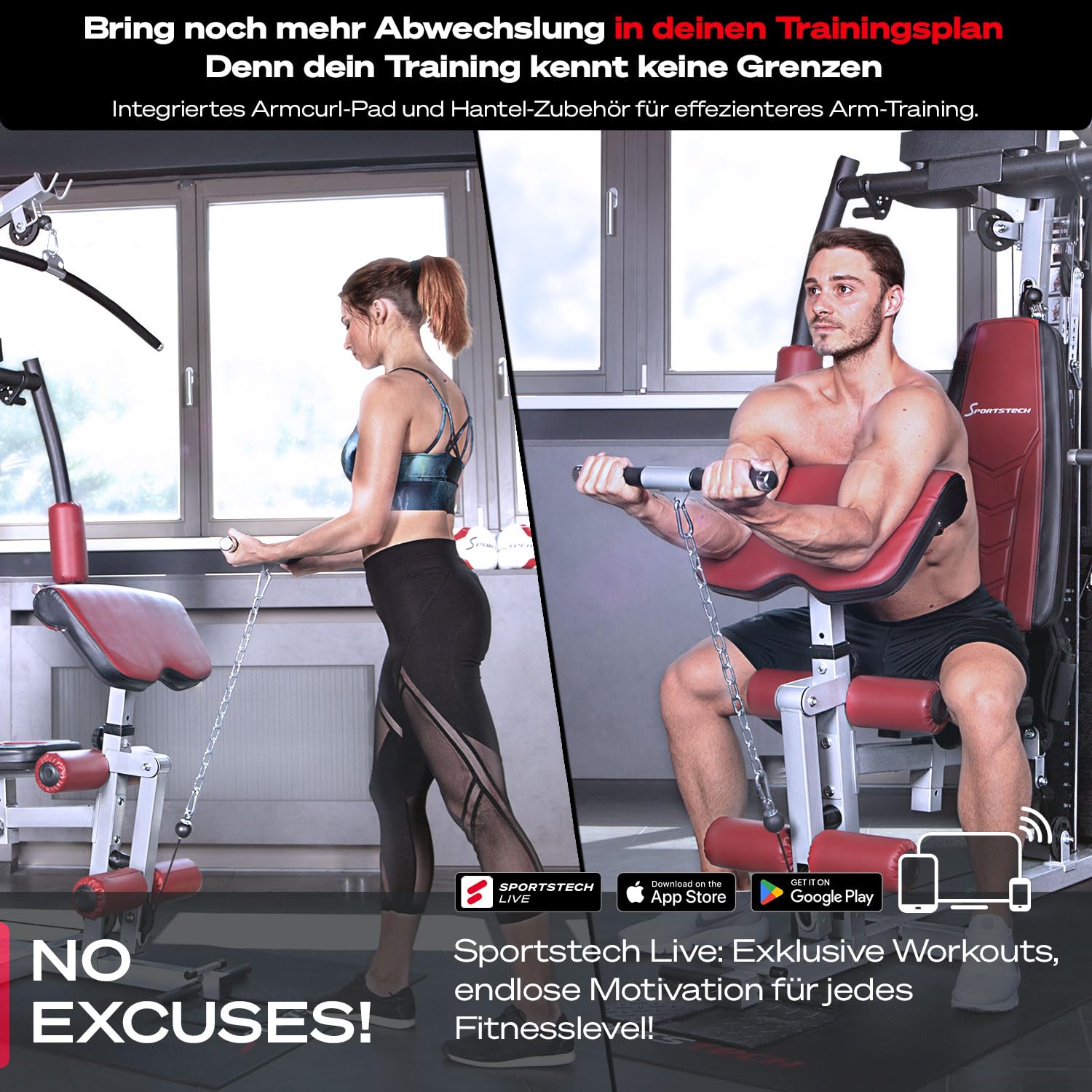 Kraftstation HGX100/HGX150/HGX200/HGX300, bis zu 80kg, Deutsche Qualitätsmarke, Bodybuilding Sportstech Multifunktions-Homegym mit Stepper und Powertower oder Beinpresse, Fitnessstation für Zuhause