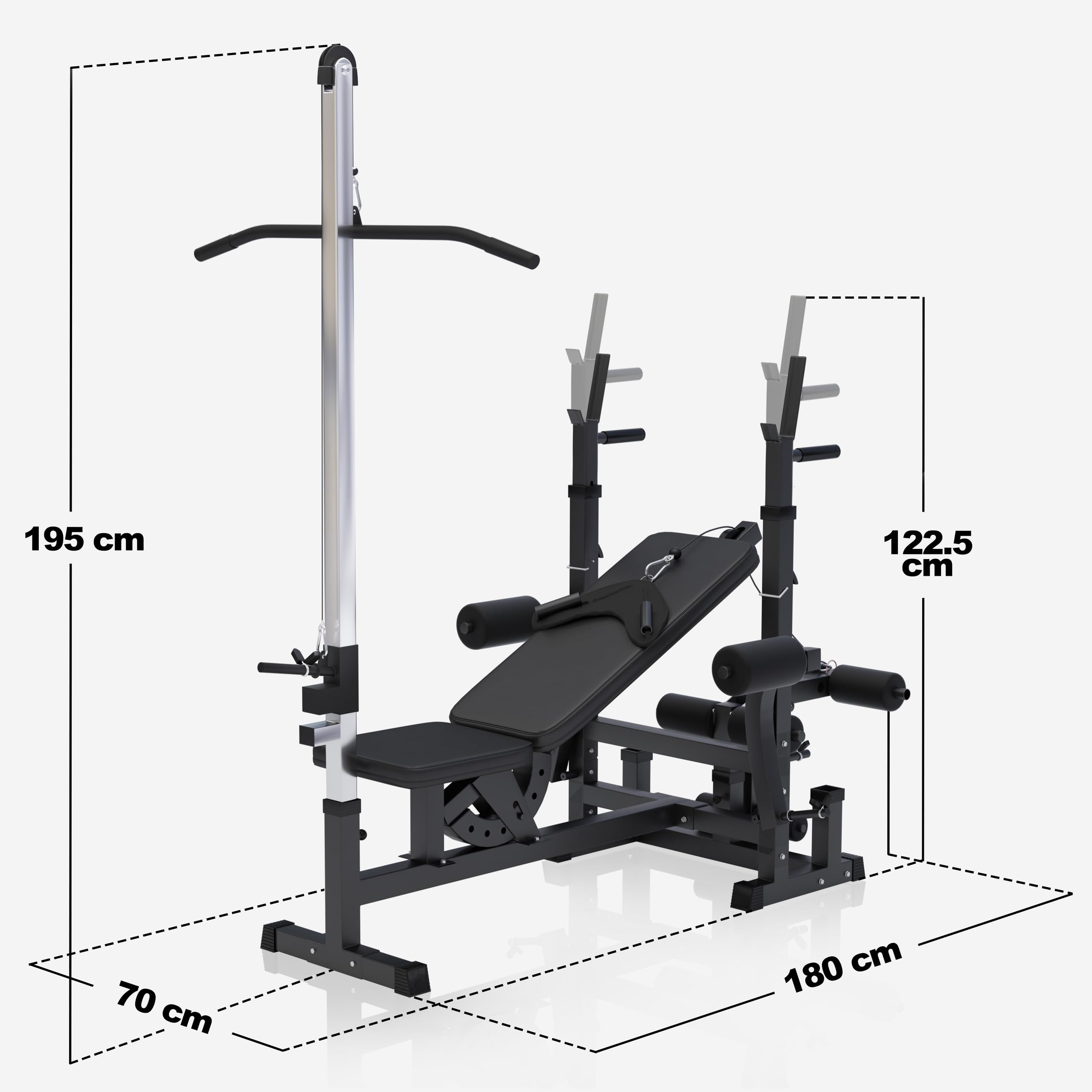 GORILLA SPORTS® Kraftstation - Hantelbank mit verstellbare Hantelablage, Latzugturm, Butterfly, Beincurler, Schwarz oder Weiss - Trainingsbank, Fitnessstation, Trainingsstation (Schwarz)